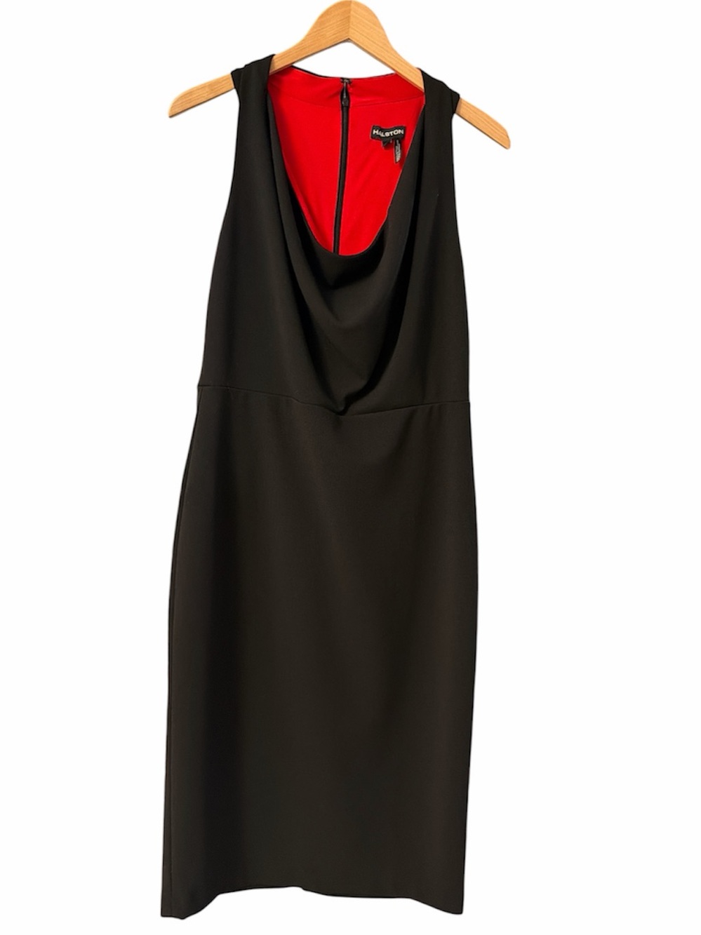 Halston Black Cowl Neck Sheath Dress Red Lining Size 10